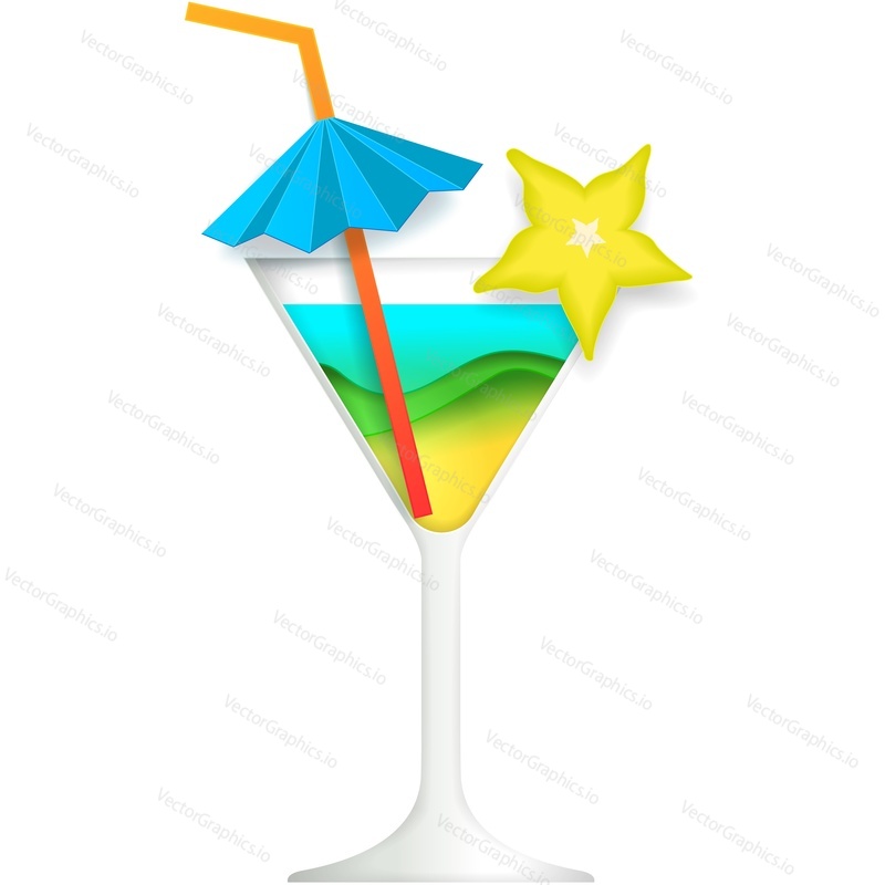 Cocktail in martini glass vector. Alcohol party drink icon. Bar shake with umbrella, straw and star decoration isolated. Summer tropical beverage illustration isolated on white background