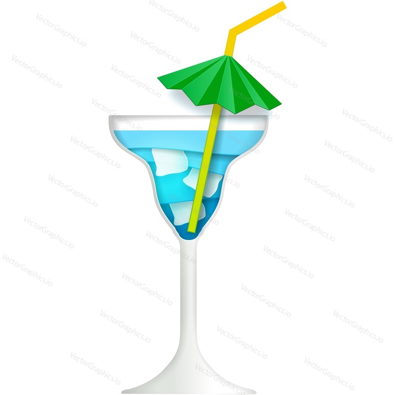 Blue Curacao koktejl vektor. Lagoon soda ice drink icon. Studená alkoholová limonáda s deštníkovou slámovou dekorací izolovaná. Letní tropický nápoj ilustrace izolovaných na bílém pozadí