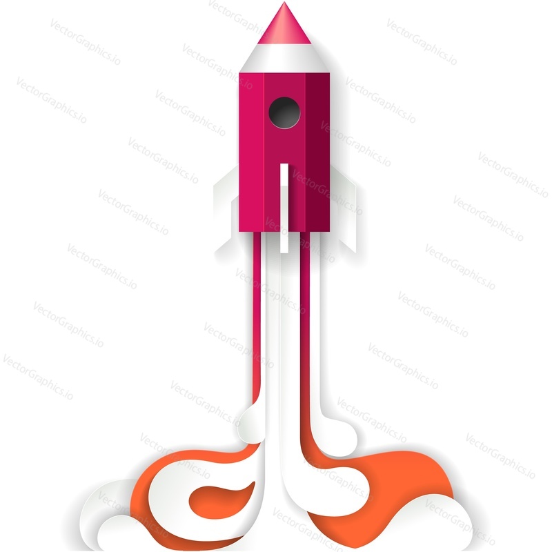 Vector rocket launch. Paper cut space ship icon. Illustration of spaceship shuttle start isolated on white background. Product idea booster symbol