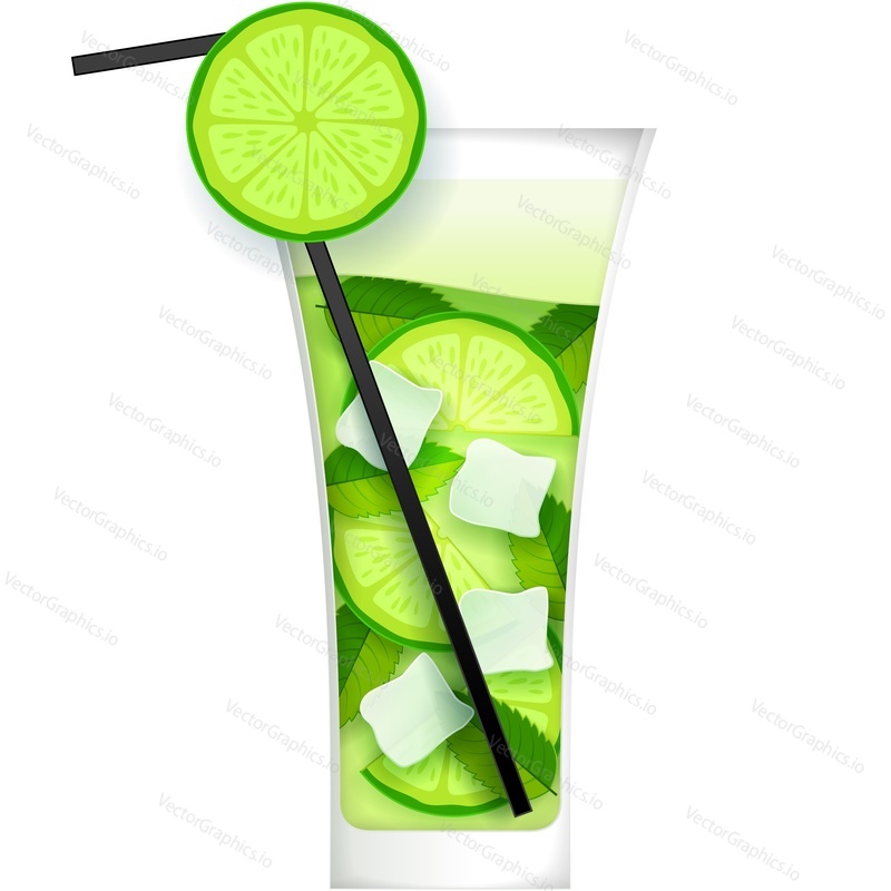 Mojito koktejl vektor. Mátový ledový nápoj ilustrace. Letní alkoholický nápoj s vápnem a slámou dekorace izolované ikonu. Mohito limonáda na bílém pozadí