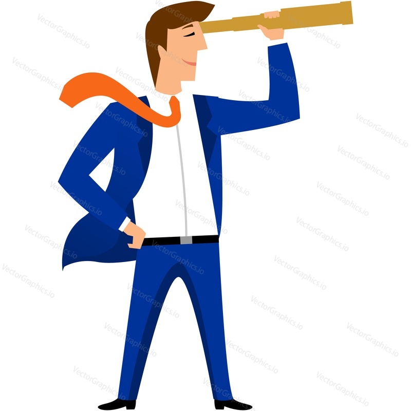 Vektor podnikatel vůdce při pohledu přes dalekohled stojící izolovaných na bílém pozadí. Muž s binokulárním pozorováním vpřed. Leadership opportunity, foresight and vision icon