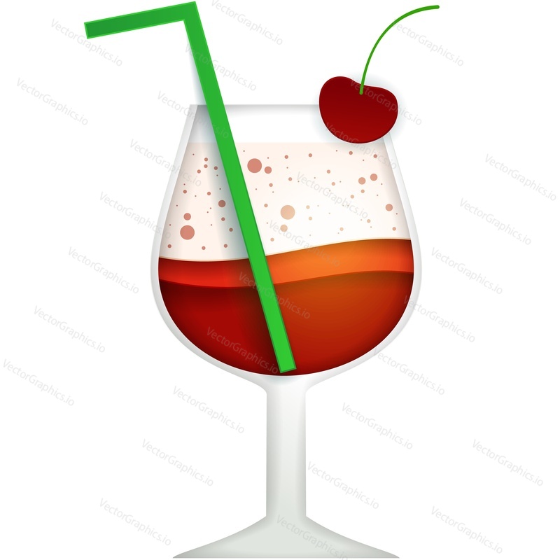 Koktejlová sklenice s třešňovým vektorem. Ikona pití alkoholu. Bar šťáva s bobule, slámy a smetany izolované. Letní tropické ovoce likér ilustrace. Nápoj shake izolovaných na bílém pozadí