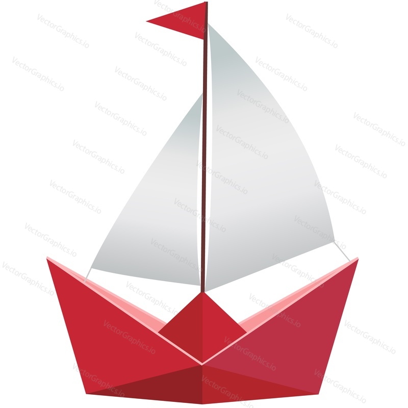 Paper boat vector. Origami ship with sail and mast icon. Water vessel, cartoon sailboat. Vintage craft toy illustration isolated on white background