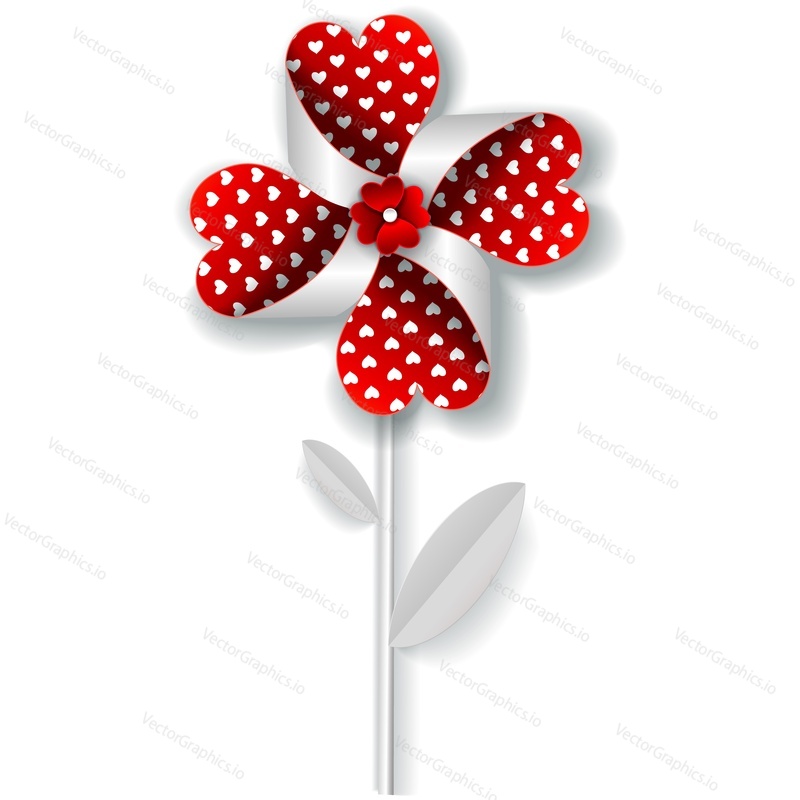 Flower pinwheel vector. Origami wind mill icon. Paper toy windmill fan with rotate petal blade and with hearts love symbol design isolated on white background. Wedding decoration