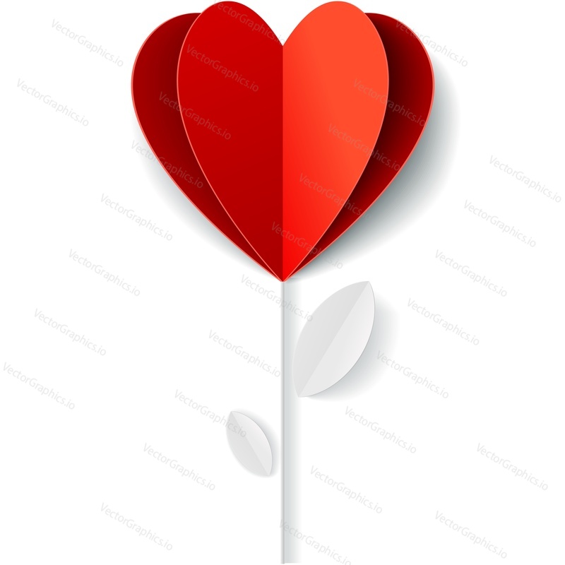 Vector paper cut red heart flower for valentine day decor. Abstract art symbol of love. Spring icon. Wedding floral decoration. Red romantic decorative illustration isolated on white background