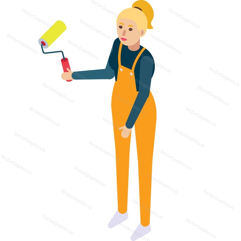 Woman painter vector. Female worker character holding roller brush icon isolated on white background