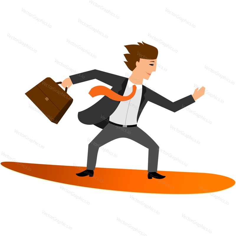 Podnikatel wave surfer vector. Obchodní surfování ikona. Byt osoba v obleku, kravata a Aktovka surf a rovnováhu na palubě izolovaných na bílém pozadí. Vedení a sebevědomý směr forwad
