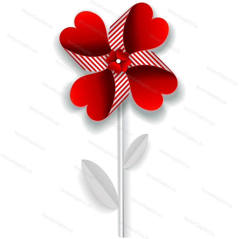 Red flower pinwheel vector. Origami wind mill. Paper toy windmill fan with rotate petal blade icon isolated on white background