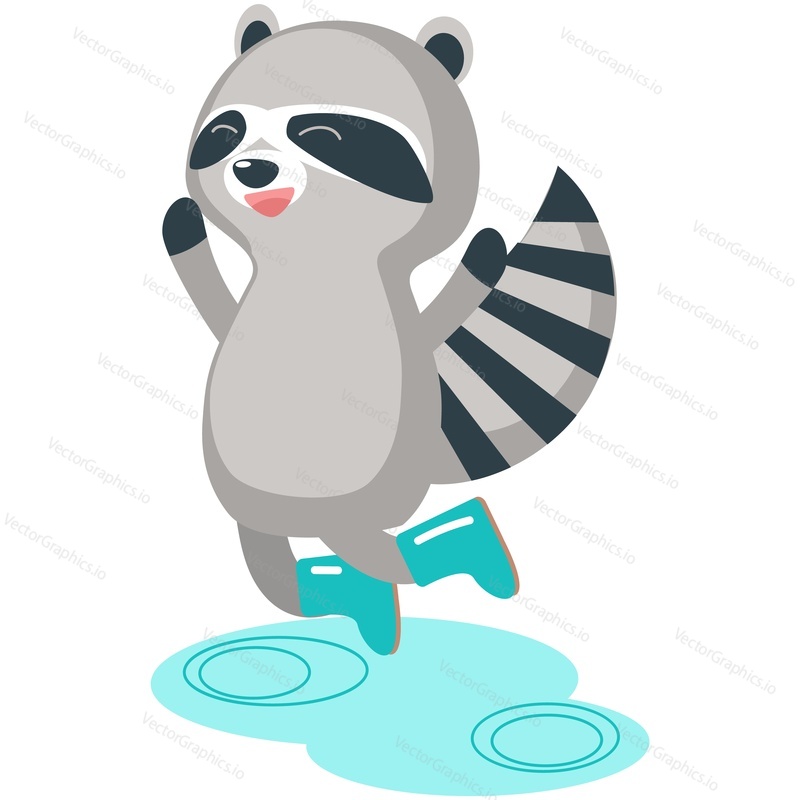 Vector raccoon illustration. Autumn animal icon. Isolated cartoon happy funny character cute wearing rubber rain boots jumping in puddle on white background