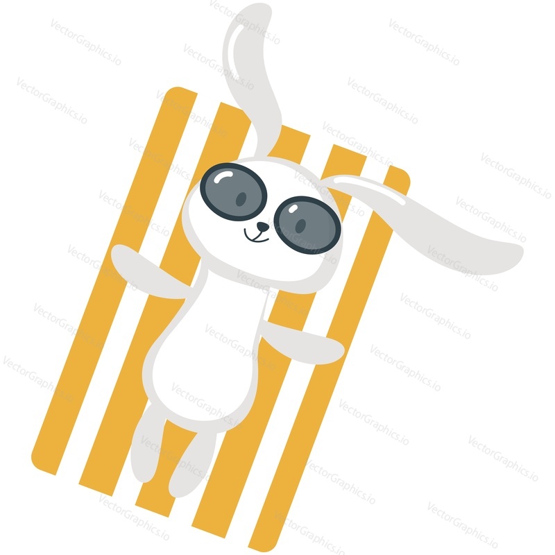 Rabbit on summer beach vector. Kawaii animal cartoon funny easter bunny icon. Lazy cute hare character sunbathing on plaid blanket isolated on white background