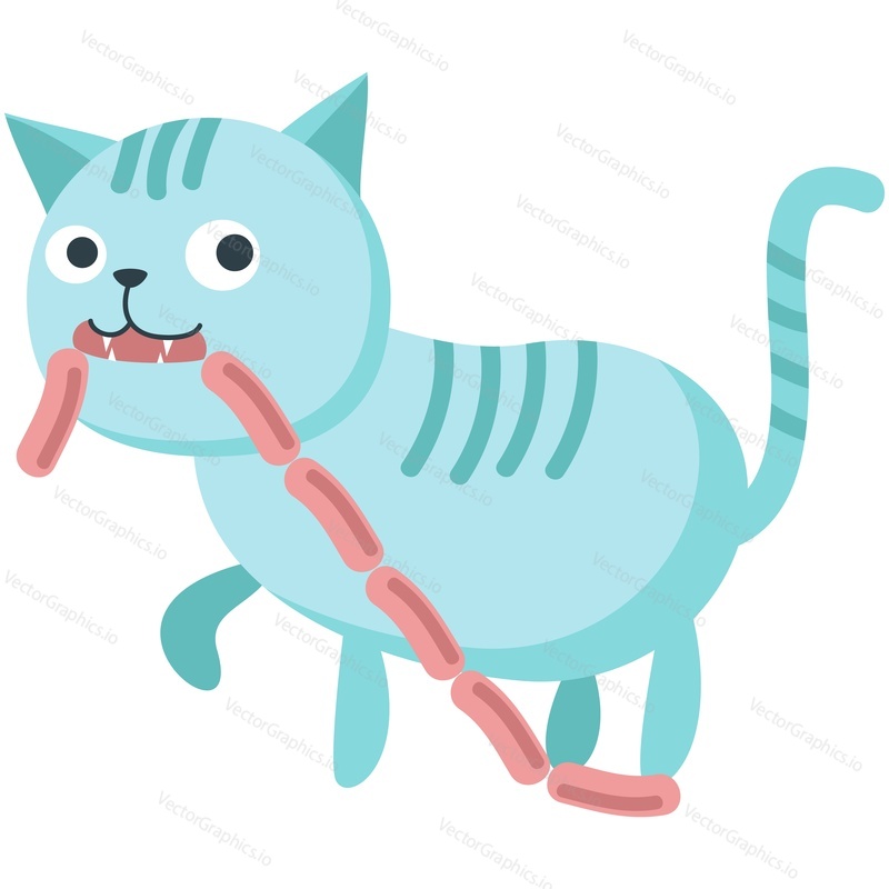Cartoon cat with sausage in mouth vector icon. Isolated cute kitten pet domestic animal eating illustration on white background