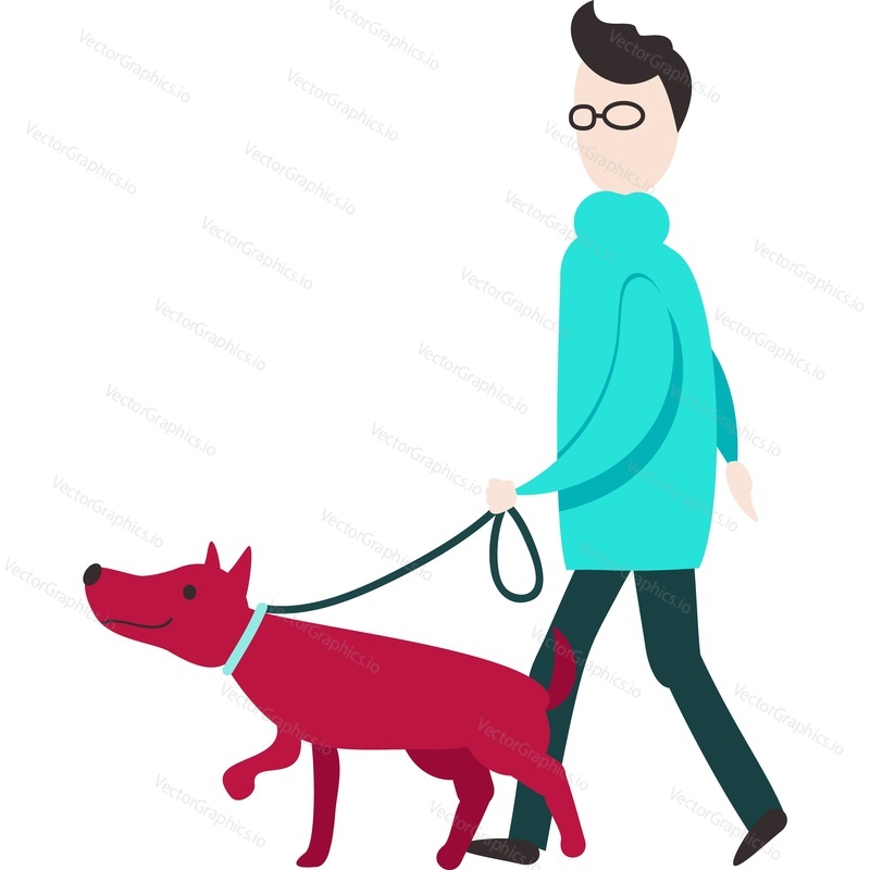 Man walking dog on leash vector. Pet lover icon. Owner puppy isolated on white background