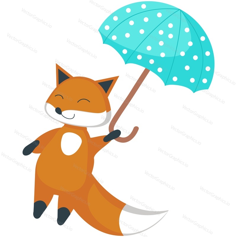 Fox flying on umbrella cute vector. Happy wild red animal illustration. Funny cartoon autumn character flat icon isolated on white background