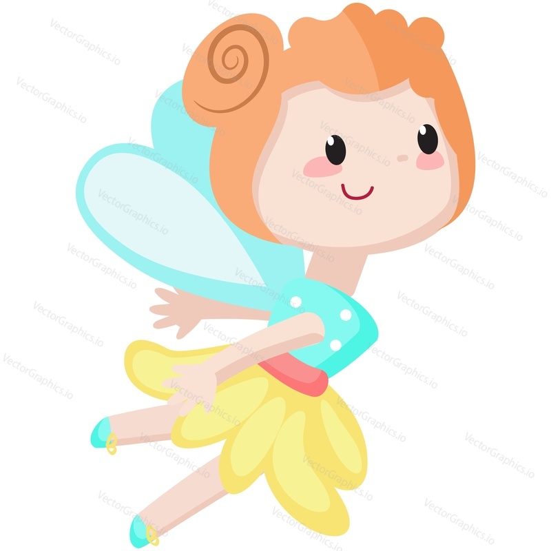 Cute fairy flying vector illustration. Cartoon magic girl character with wings. Fairytale princess in costume. Fantasy little forest pixie angel isolated on white background