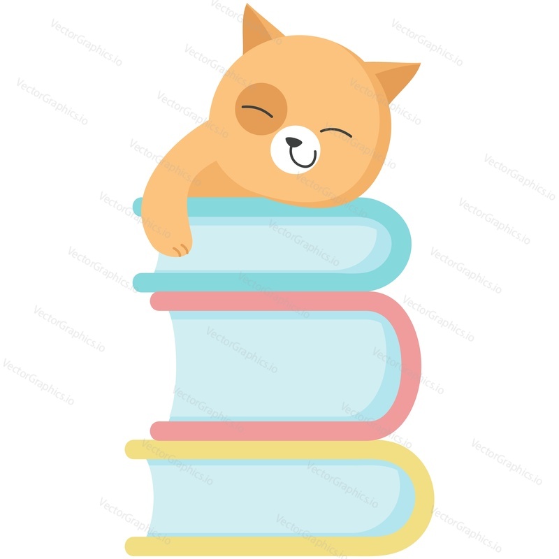 Kočka vektorové ilustrace. Kreslená roztomilá postava kotě spí na naskládané knize hromadu ikonu. Sleepy legrační podřimování pet izolovaných na bílém pozadí