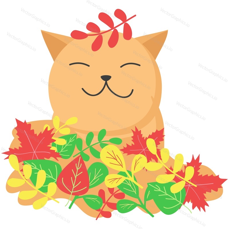 Vector pet cute cartoon cat sitting in autumn leaves heap. Flat animal character. Kitten icon emoticons isolated on white background