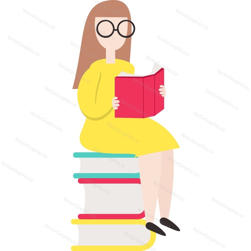 Woman reading sitting on book stack vector icon. Student literature fan isolated on white background