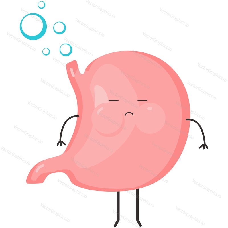 Stomach bloating vector. Stomachache icon. Sad cartoon internal human digestive organ character feeling pain and flatulence isolated on white background