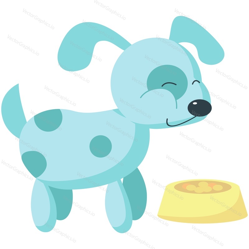 Pes vektor. Štěně pet jíst karikatura ikona. Zvířata a jídlo. Šťastný psí charakter a miska plochá ilustrace. Hungry doggy feed izolovaných na bílém pozadí