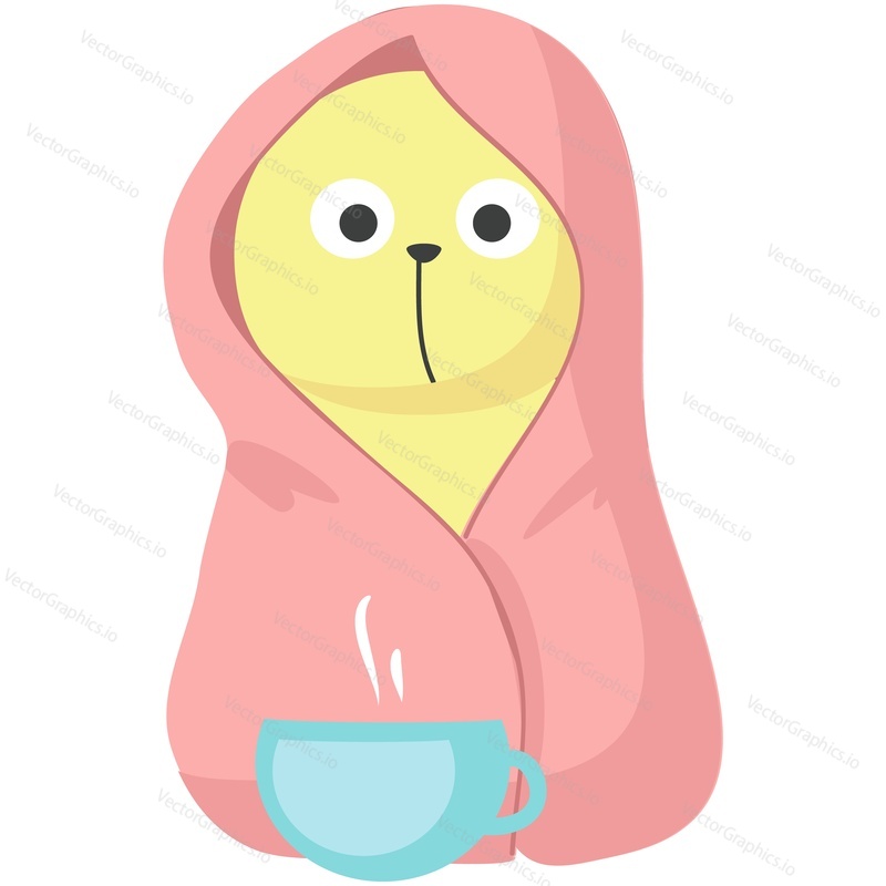 Cat under blanket with coffee cup vector. Cute animal warmth under comfort plaid with hot tea drink icon. Cartoon character under cover illustration isolated on white background