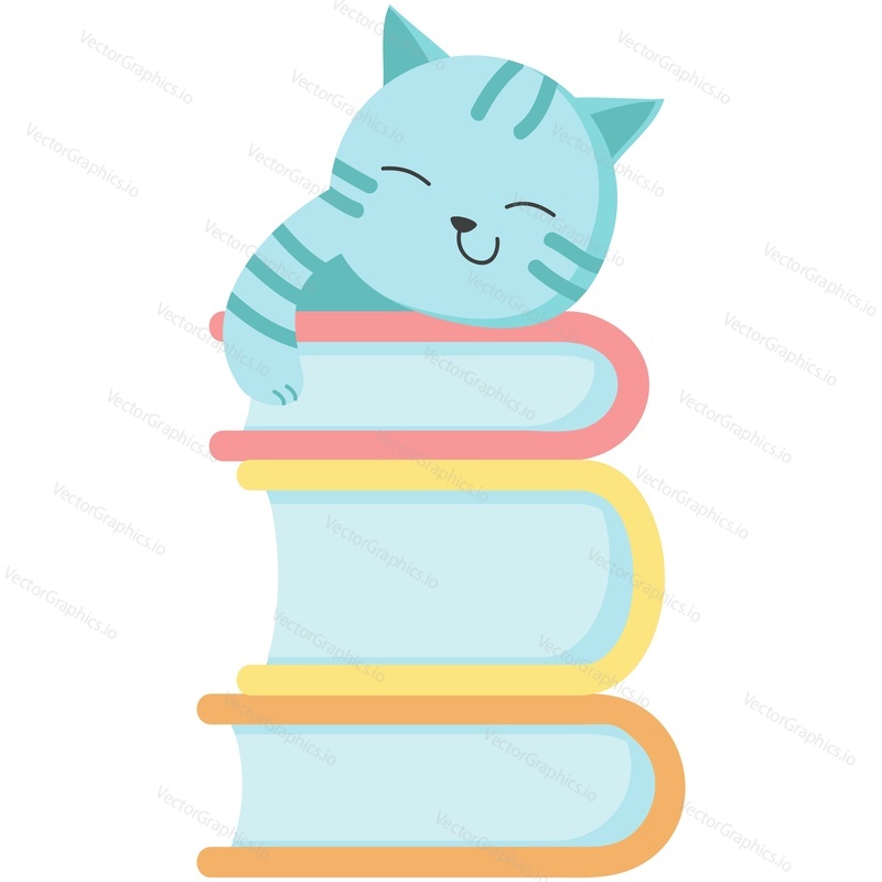 Забавный вектор животных-кошек. Ленивый котенок спит на иконке стопки книг. Милый персонаж дремлет на иллюстрации стопки учебников, изолированной на белом фоне