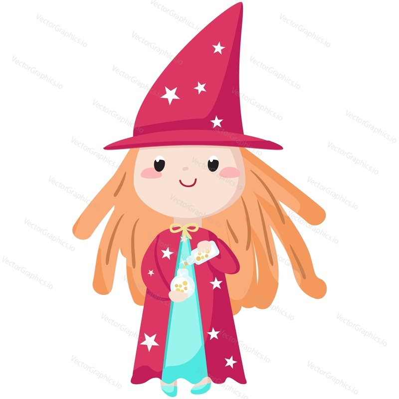Vector enchantress. Cartoon girl character wearing pretty hat, costume preparing potion illustration. Isolated female fantasy fairytale sorcerer. Child in halloween dress on white background