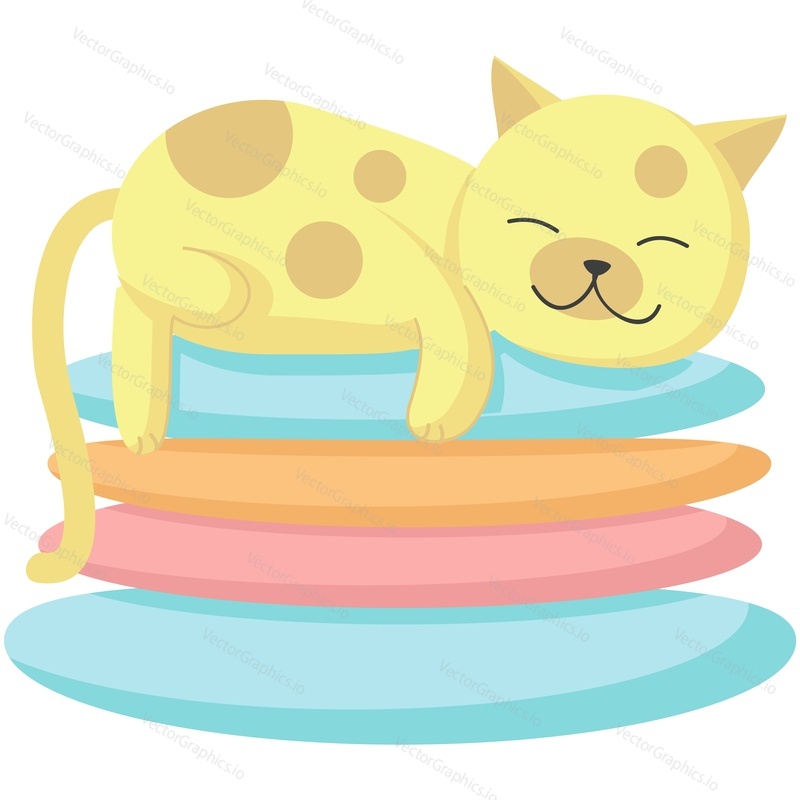 Cat vector illustration. Cartoon cute character kitten sleeping on pillow stack icon. Sleepy funny napping pet isolated on white background