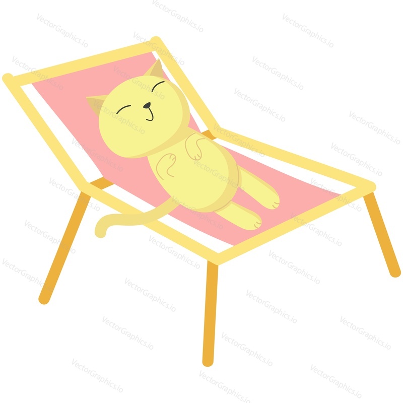 Kočka odpočinek na pláži vektor. Dovolená relax ikona. Roztomilé zvíře opalování ležící na lehátku užijte si letní cestování zábava sezóna dovolená u moře ilustrace izolovaných na bílém pozadí