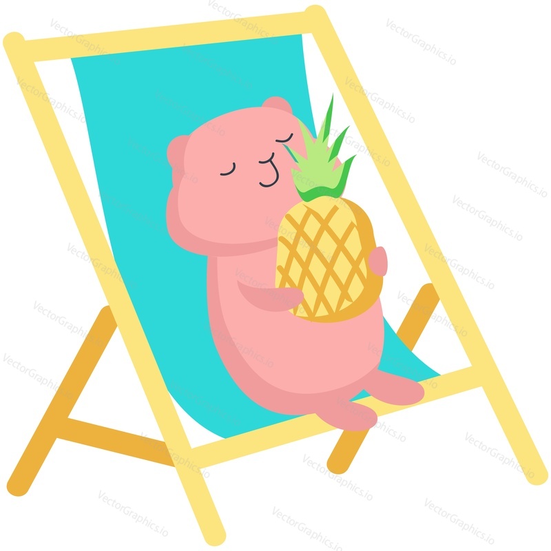 Křeček odpočinek na pláži vektor. Dovolená relax ikona. Roztomilé zvíře drží ananas sedí na lehátku užijte si letní cestování zábava sezóna dovolená u moře ilustrace izolovaných na bílém pozadí