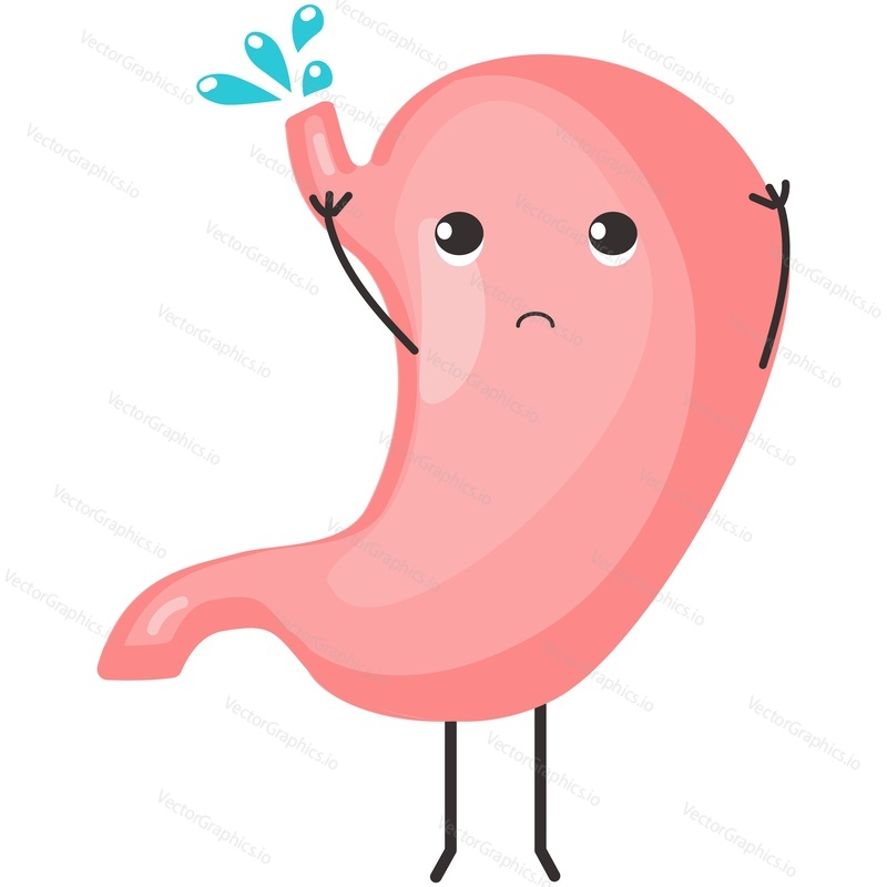 Stomach vomit nausea vector. Stomachache, digestive reflux and pain icon. Cute internal human digestive organ character feeling bad illustration isolated on white background