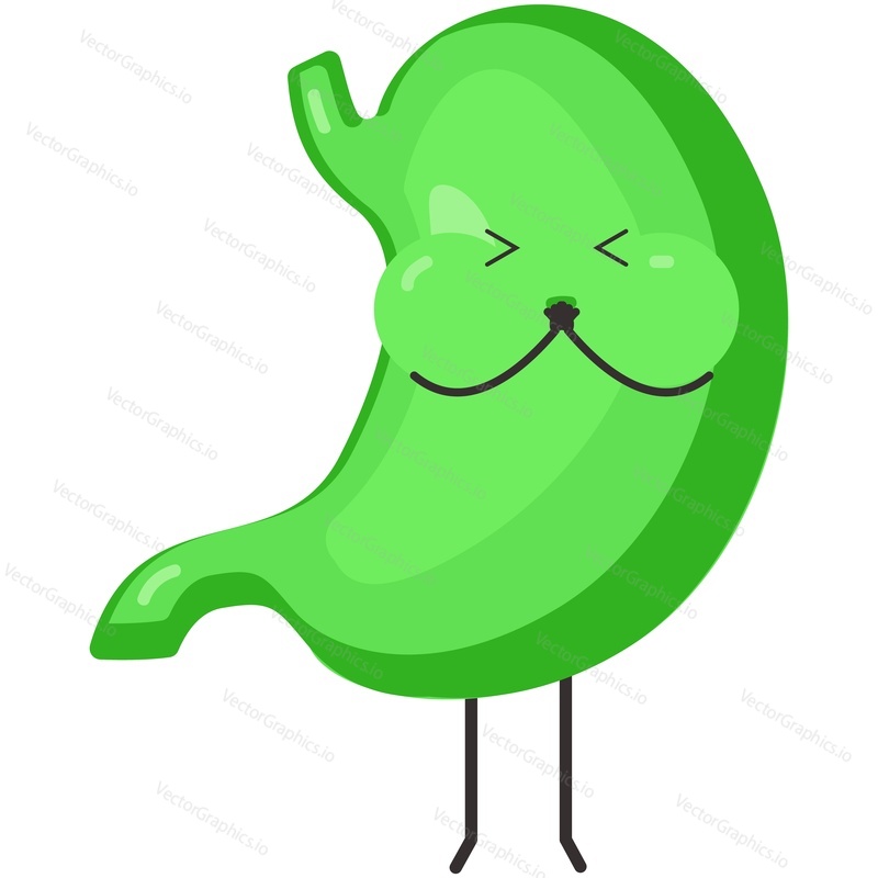 Stomach nausea vector. Stomachache icon. Sick cartoon green internal human digestive organ character feeling bad isolated on white background