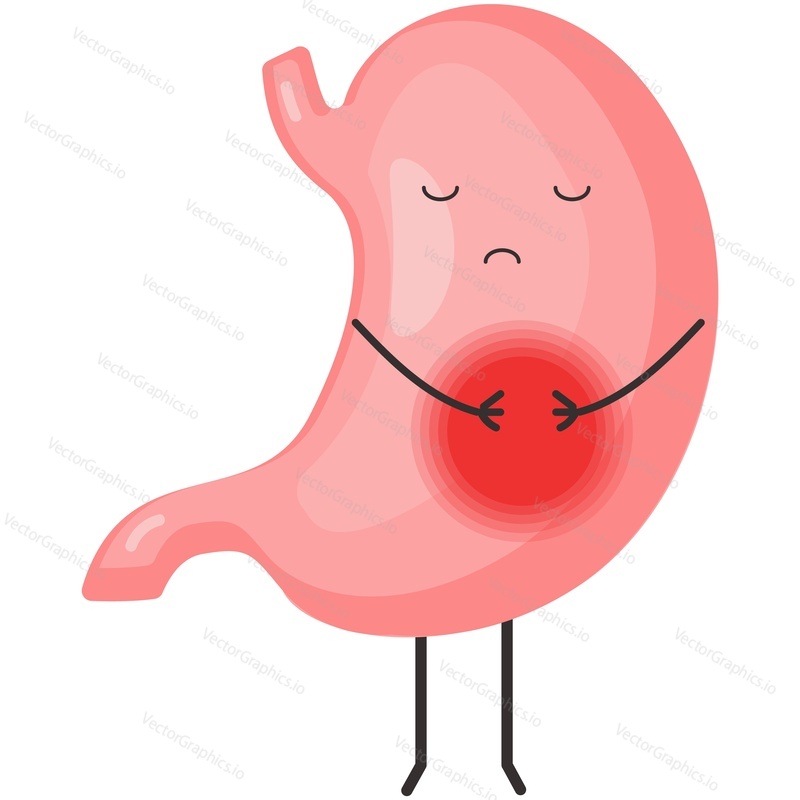 Stomach ache vector. Stomachache icon. Sad cartoon internal human digestive organ character feeling pain isolated on white background