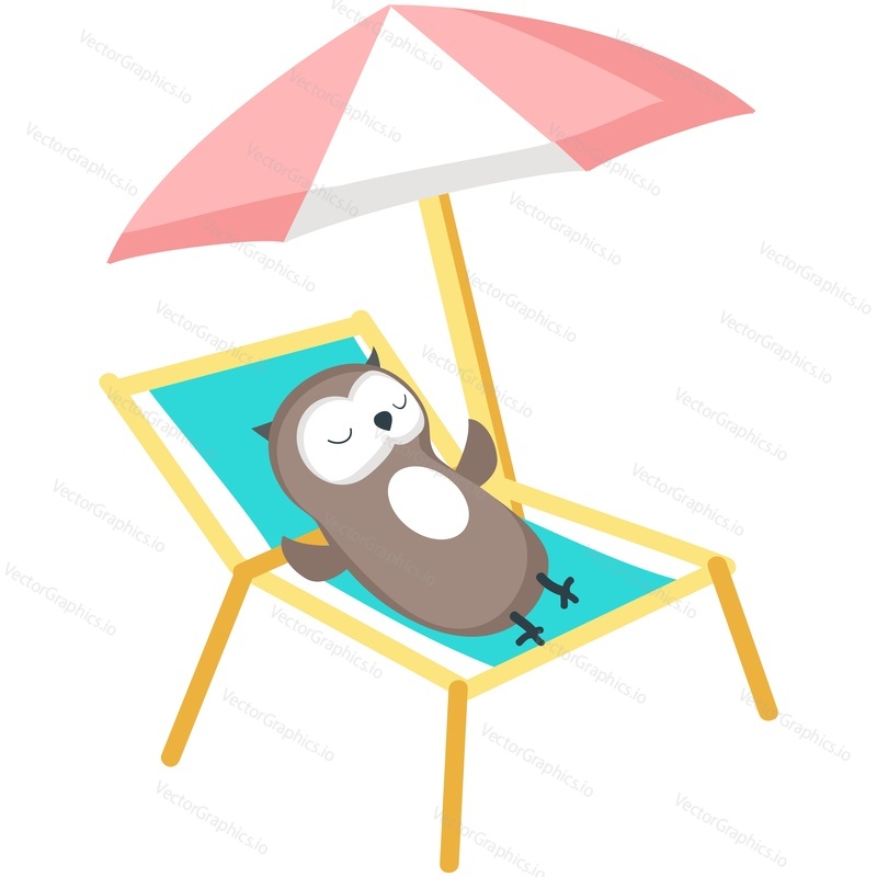 Sova odpočinek na pláži vektor. Dovolená relax ikona. Zobák pták ležící na lehátku pod deštníkem užijte si léto cestování zábava sezóna dovolená u moře ilustrace izolovaných na bílém pozadí