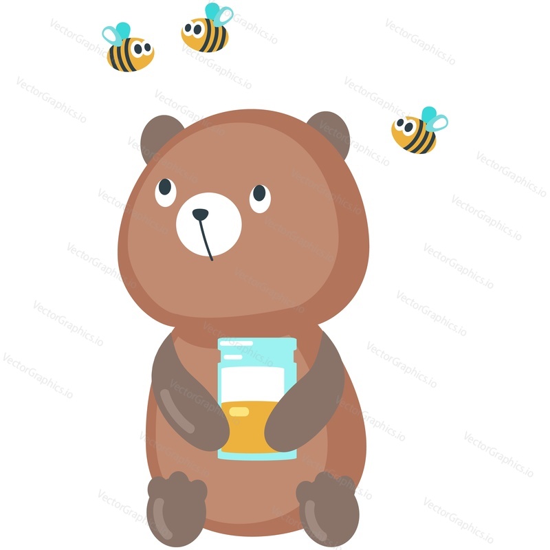 Bear eating honey cartoon vector. Cute teddy animal holding glass jar pot with bee flying around icon illustration on white background