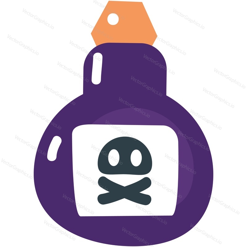 Poison bottle vector. Magic poisonous potion icon. Cartoon flask with toxic wizard liquid. Halloween glass jar with danger substance isolated on white background