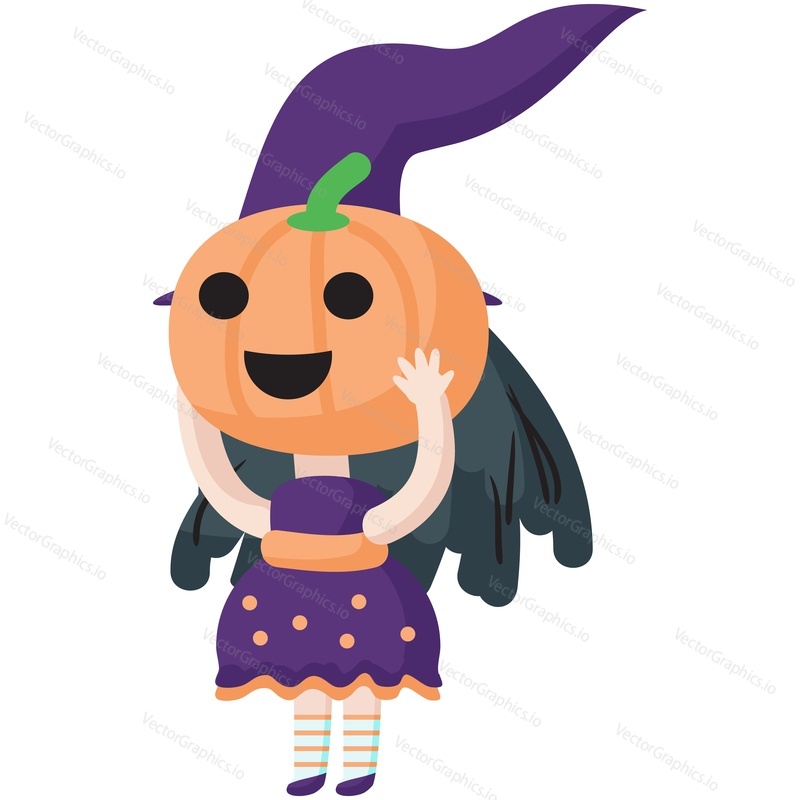 Halloween čarodějnice dívka vektor s dýňovou hlavou, čarodějnictví klobouk a kostým šaty ilustrace ikona izolovaných na bílém pozadí. Koncept podzimní oslavy