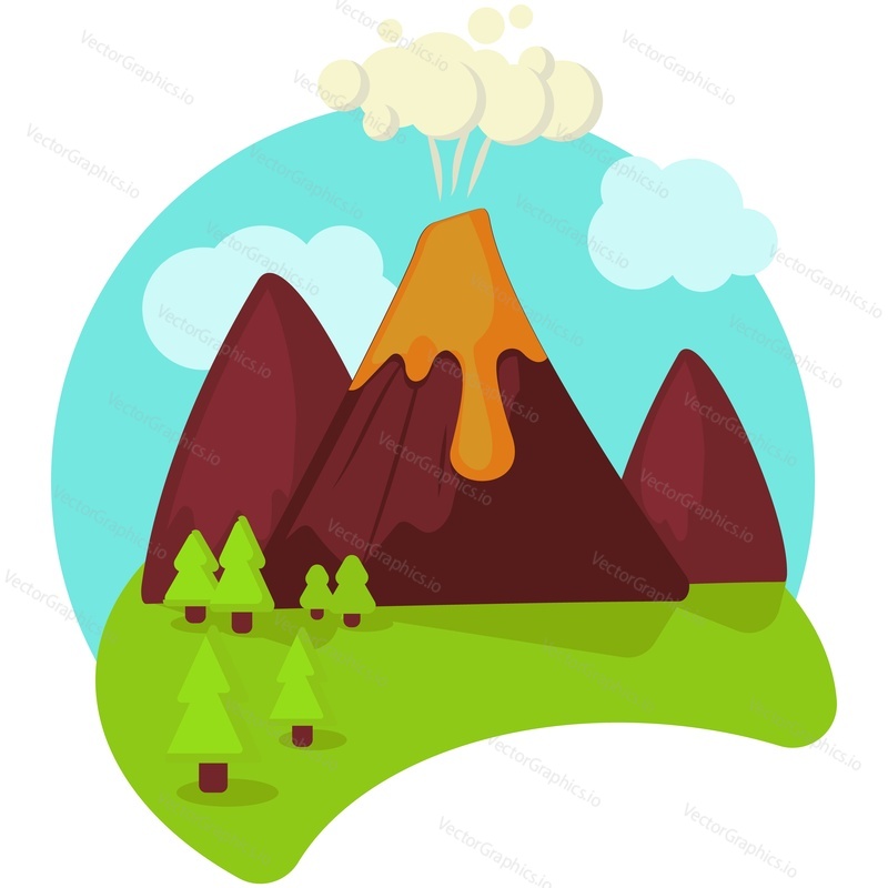 Volcano eruption vector cartoon illustration. Volcanic mountain explosion with magma, lava, ash and smoke landscape icon isolated on white background