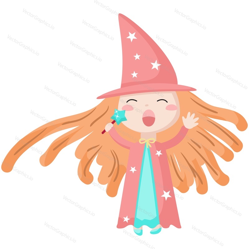 Enchantress vector. Kreslená postavička na sobě pěkný klobouk, kostým ilustrace. Izolované ženské fantazie dívka s kouzelnou hůlkou. Kouzelný pohádkový čaroděj. Dítě v halloween šaty na bílém pozadí