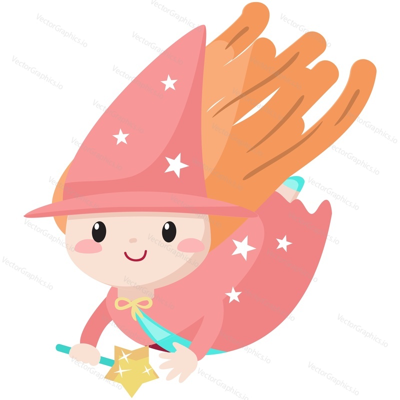 Vektorové kouzelnice. Kreslená dívka postava na sobě pěkný klobouk, kostým létání na obloze ilustrace. Izolované ženské fantasy pohádkový čaroděj s kouzelnou hůlkou na bílém pozadí