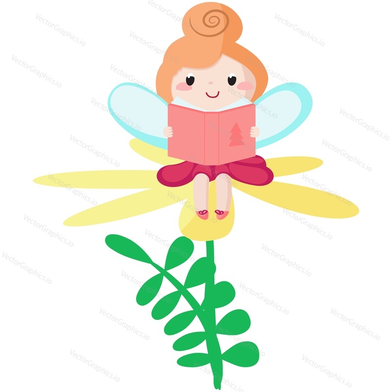 Cute fairy vector illustration. Cartoon magic girl character with wings. Fairytale princess in costume sitting on flower and reading book. Fantasy little forest pixie isolated on white background
