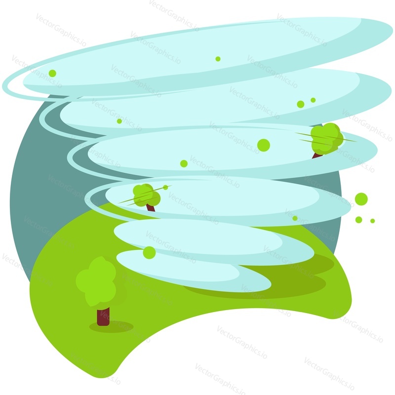 Tornado vector. Storm, hurricane with whirlwind icon. Destructive wind swirl funnel in forest fat illustration. Natural disaster catastrophe, nature phenomenon isolated on white background