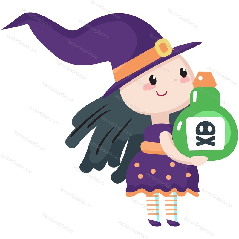 Halloween witch girl vector in witchcraft hat and costume dress illustration icon isolated on white background. Cute child wizard sorcerer carrying poisonous potion flask. Autumn party celebration concept