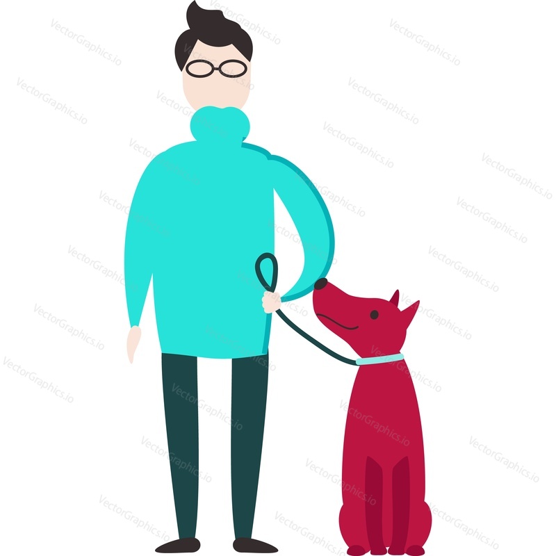 Pet owner with dog vector icon. Male puppy lover standing isolated on white background. Character and canine portrait
