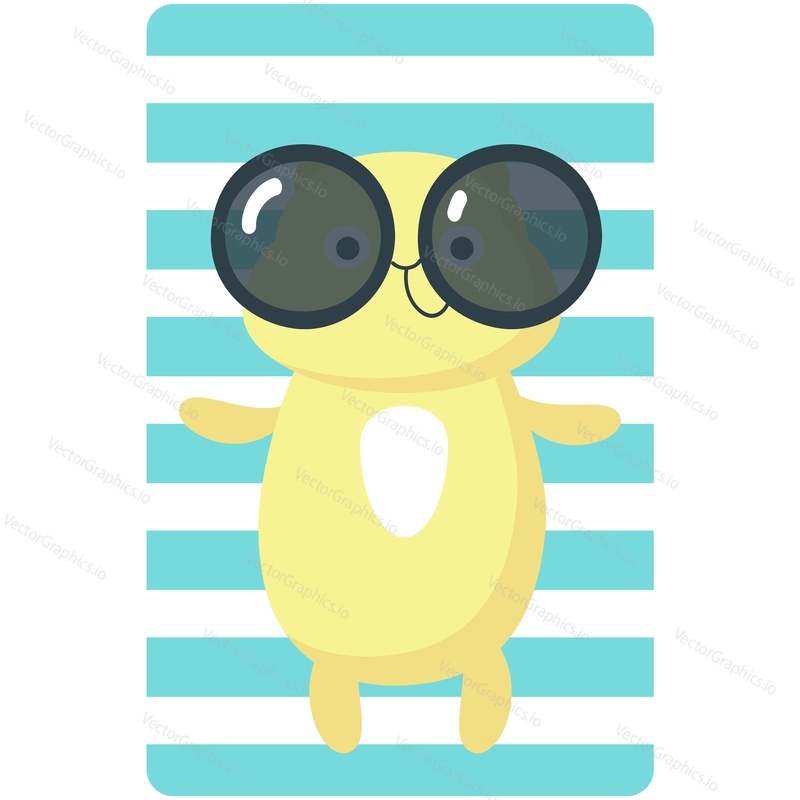 Hamster rest on beach vector. Vacation relax icon. Cute pet animal sunbathing lying on plaid blanket enjoy summer travel sun and season holiday at seaside illustration isolated on white background
