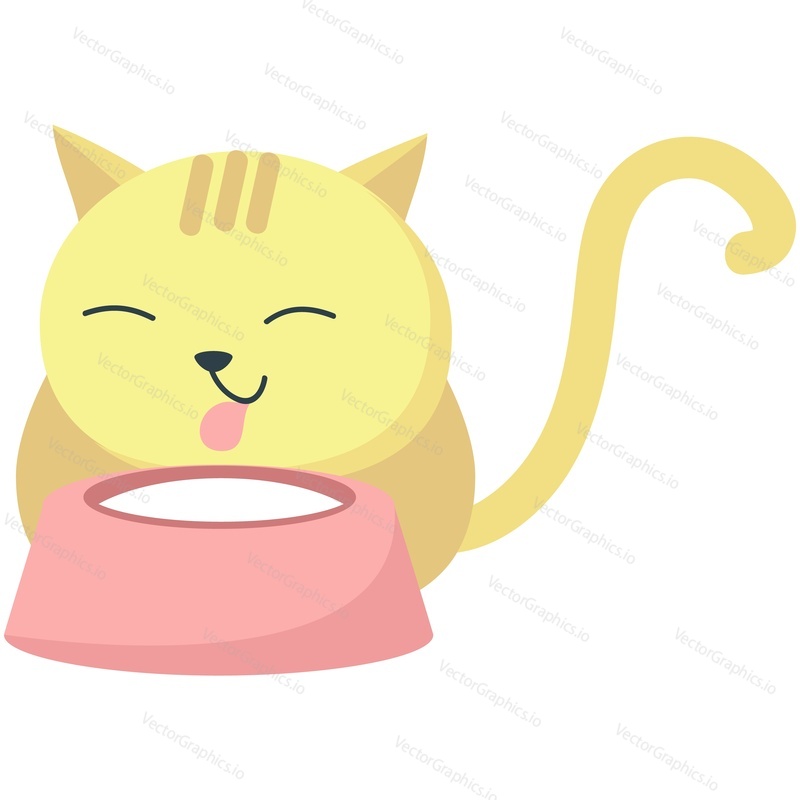 Cartoon cat drinking milk from bowl vector icon. Isolated cute kitten pet domestic animal eating illustration on white background