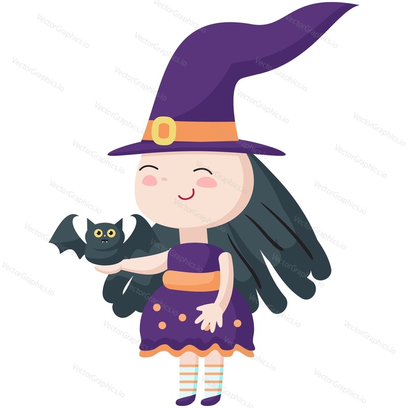 Cute witch with bat vector cartoon icon. Isolated girl magician in hat holding flying fox on hand on white background