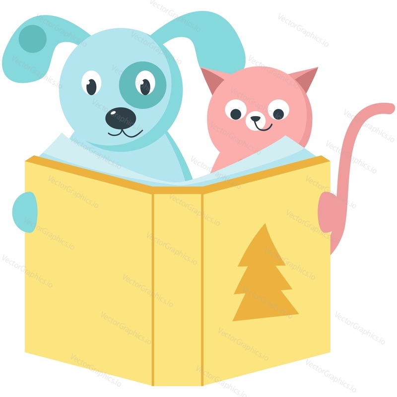 Собака и кошка читают книгу в векторе. Значок мультфильма 