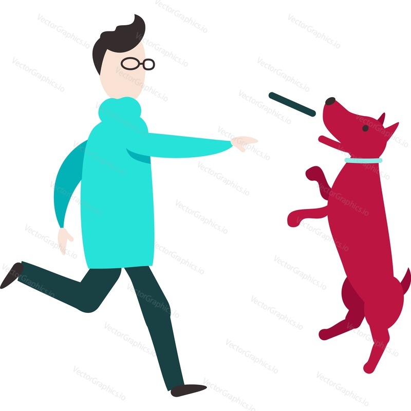 Man play with dog vector. Pet lover icon. Owner training puppy throwing stick isolated on white background
