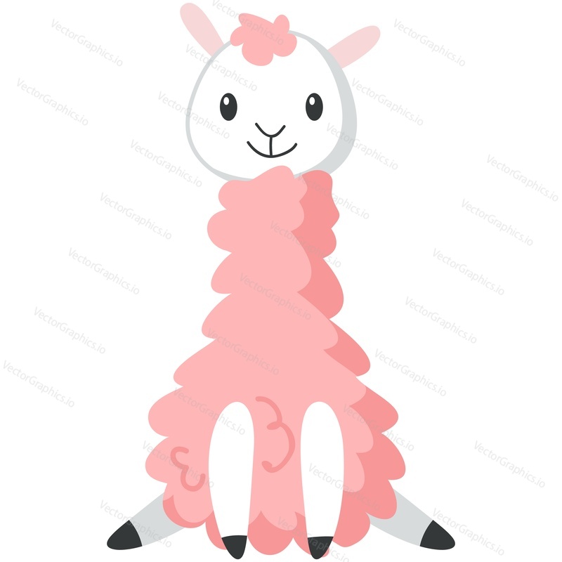 Cute alpaca vector. Funny lama sitting cartoon icon. Kawaii animal illustration. Happy smiling mascot with fluffy curly pink wool isolated on white backgroun