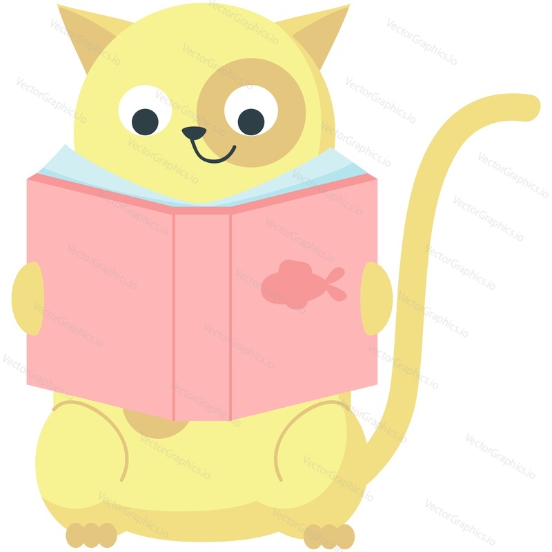 Kočka s knihou vektoru. Animal and education cartoon ilustrace. Roztomilý kotě čtenář znak čtení příběh ikona izolovaných na bílém pozadí